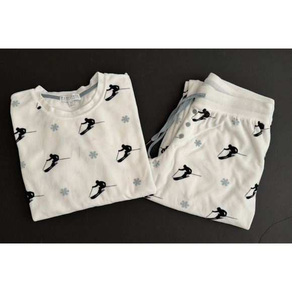 P.J. Salvage Other - PJ Salvage Pajama Set Small White Black Snow Skiers Blue Snowflakes Winter NWOT
